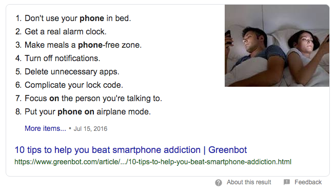 Google zoekresultaten tips tegen smartphone verslaving
