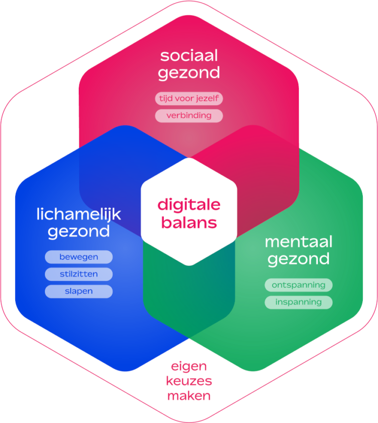 Alles in de vorm van een vijfhoek. In het midden staat digitale balans. Boven heb je sociaal gezond. Rechts heb je mentaal gezond. Links heb je lichamelijk gezond. Dit vormt met elkaar een vijfhoek.